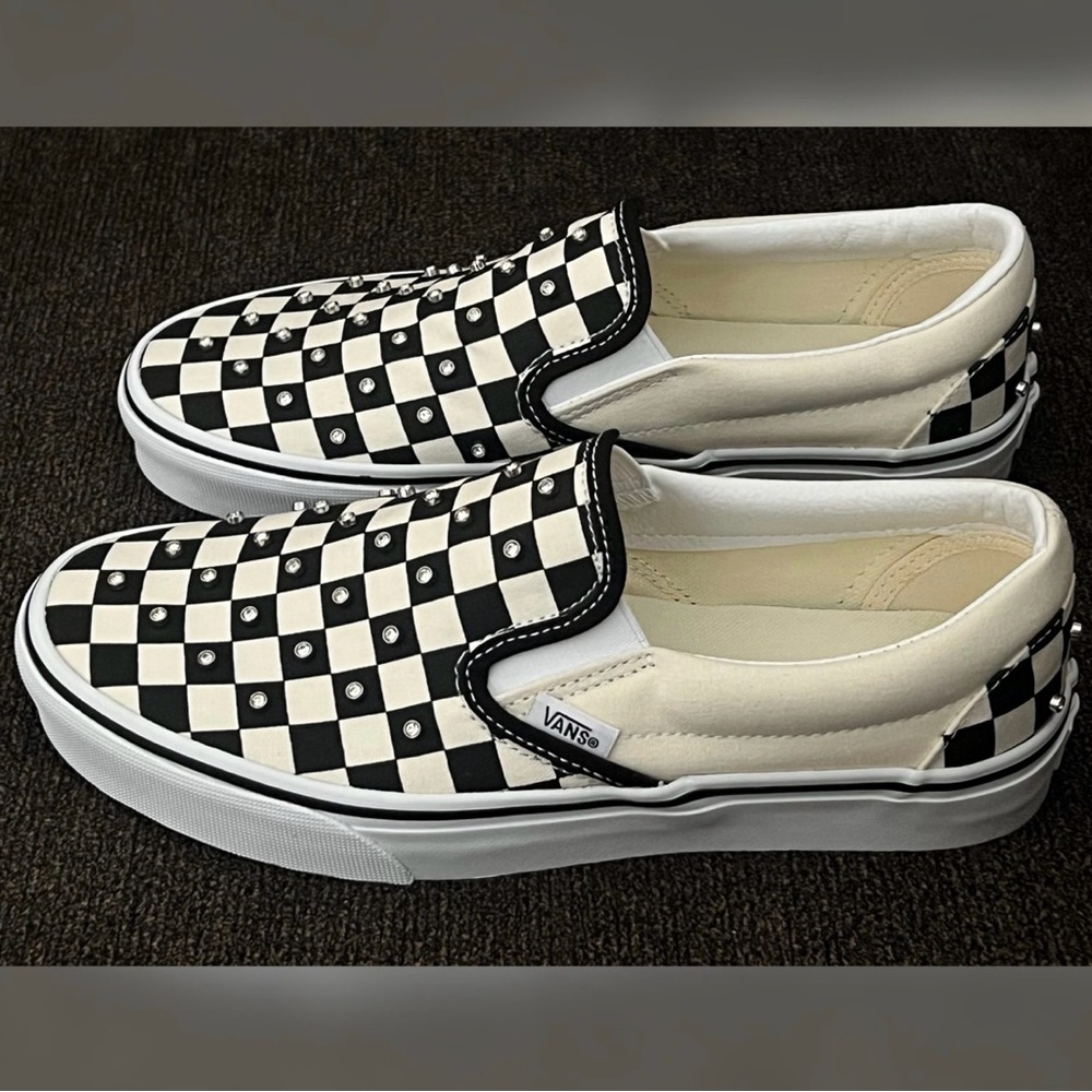 Unique Vans Black and White Rhinestones Checkerboard Slip-On Sneakers Shoes 9
